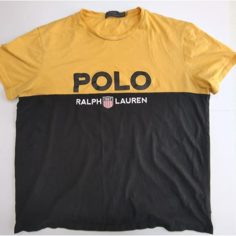 Polo Ralph Lauren T Shirt Mens XL Yellow Black Colorblock Spellout Shield 1967